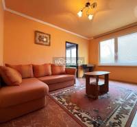 A living room with orange furniture and a carpet in a studio apartment.