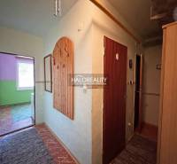 A hallway in a one-room apartment with built-in wardrobes and a colorful room in the background.