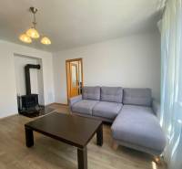 Living room with a corner sofa, fireplace, and coffee table in a 2-room apartment.