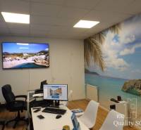 An office with a computer and a tropical beach decoration on the wall in a building.