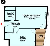 Floor plan of a 2-room apartment with a living room and kitchen, bedroom, bathroom, and loggia.