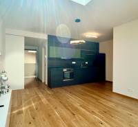 The kitchen of a two-room apartment with a dark kitchen unit and wooden flooring, complemented by lights.