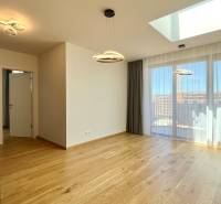 Bright living room space with curtains, wooden flooring, and a kitchen unit in a 2-room apartment.