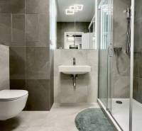 Bathroom in a 2-room apartment with a toilet, shower, and sink with tiles.