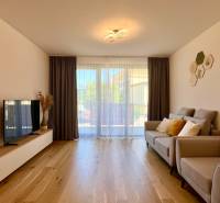2-bedroom apartment with a sofa, television, wooden floor, and a shining chandelier.