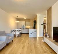 Living room in a two-room apartment with wooden flooring, a sofa, and a television.