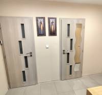 Interior of a 3-room apartment with modern doors and artistic paintings on the wall.
