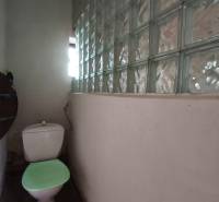A toilet with milk glass concrete in a family house.