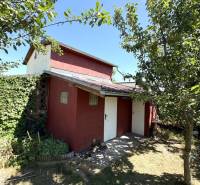 In front of the cottage in Komárno, there is a landscaped garden with a lawn and trees.