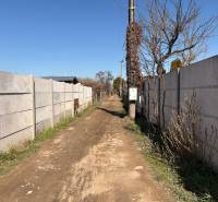 A narrow path leads between concrete fences, accompanied by trees and a blue sky.