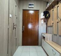 A hallway in a one-room apartment with built-in furniture and tiled flooring.