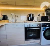Kitchen in a studio apartment with a cooktop, dishwasher, and washing machine.