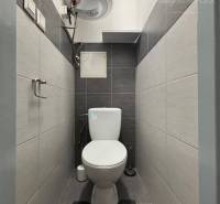 A bathroom in a one-room apartment with a wall-mounted heater, simple design, and storage space.