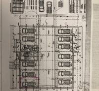 Architectural plan of garages on Rastislavova Street in Slovenský Grob, showing parking spaces.