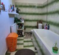 A bathroom in a family house with green and white tiles and an orange basket.