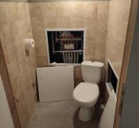 A bathroom in a family house with a toilet and exposed plumbing behind the tiles.