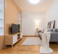 Living room with a TV, gray sofa, and decorative elements in a 3-room apartment.