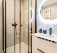Bathroom with a shower, mirror, and washing machine in a 3-room apartment.