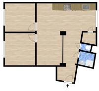 Floor plan of a 3-room apartment with an open kitchen area, bathroom, and separate toilet.