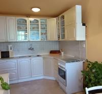A kitchen in a 3-room apartment with a white kitchen unit, equipment, and greenery.