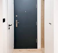 Entrance hallway with black doors and light flooring in a 2-room apartment.