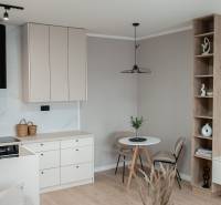 A kitchen with a dining table and a built-in shelf in a 2-room apartment.