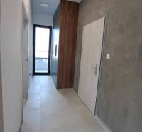 The hallway of a 2-room apartment with doors, light walls, and a cabinet.