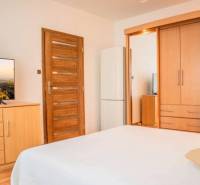 A bedroom with a TV, a wardrobe, and a door in a studio apartment.