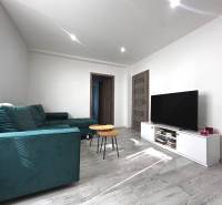 Living room in a 2-room apartment with a sofa, TV, table, and minimalist interior.