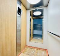 An elevator with wooden paneling and a mirror, view of mailboxes outside.