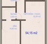 Floor plan of a 2-room apartment with a hallway, kitchen, room, and balcony.