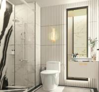 Bathroom in a 2-room apartment with a shower, toilet, and sink; bright elegant features.
