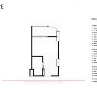 The floor plan shows the layout of a studio apartment, including the kitchen and bathroom.