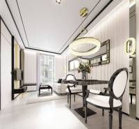 Luxurious 1-bedroom apartment with elegant black and white accents and stylish lighting.