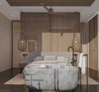Luxury bedroom in a family house with designer lighting, wooden details, and a comfortable bed.