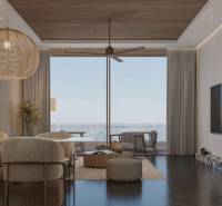 Luxurious interior of a family house with a view through large windows of the city.