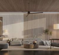 A stylish living room with minimalist furniture and a wooden ceiling in a family house.