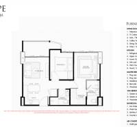 Floor plan of a 3-room apartment with a living room and two bedrooms, list of furniture.
