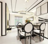 Luxurious dining room in a 3-room apartment, elegant table and chairs with modern lighting.