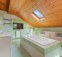 A bathroom in a cottage with a bathtub, a wooden ceiling, and a skylight.