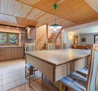 Wooden interior of a cabin with a kitchenette, dining area, and staircase.