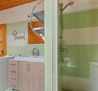 A bathroom in a cabin with a wooden ceiling, a washing machine, and a sink with a shower.