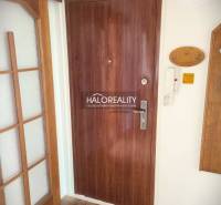 Entrance wooden door with intercom in a 3-room apartment, tiled floor.