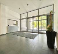 Lobby with reception and large glass doors, offices.