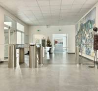 Lobby in offices with secured turnstiles.