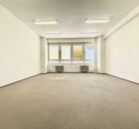 Empty office with carpeted floor and large window, illuminated by ceiling lights.