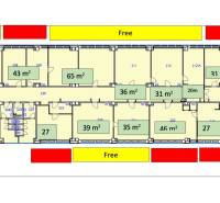 Floor plan of offices with various room sizes in the building.