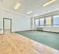 A bright office with windows, a sink, and mixed flooring.