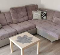 A comfortable sofa set in a 3-room apartment, complemented by cushions and a table with a leaf motif.