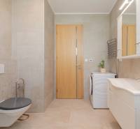 Bathroom in a family house with a washing machine, sink, and wall-mounted toilet.